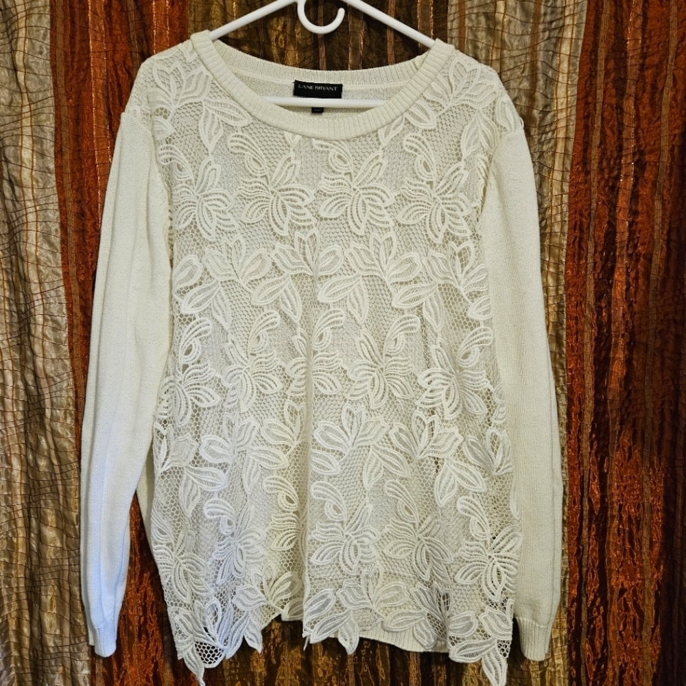 Lane Bryant-Cream Pullover Sweater with Lace Front Overlay-Plus Size 18/20